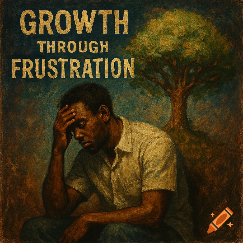 Painterly illustration of a man sitting with his head in his hand, with the text 'GROWTH THROUGH FRUSTRATION' and a tree