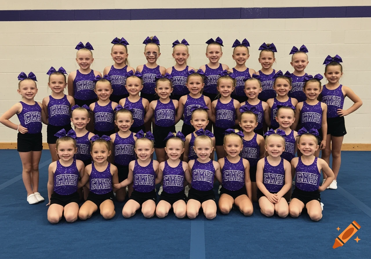 Group of young girls in purple and black cheerleading uniforms posing for a photo in a gym.