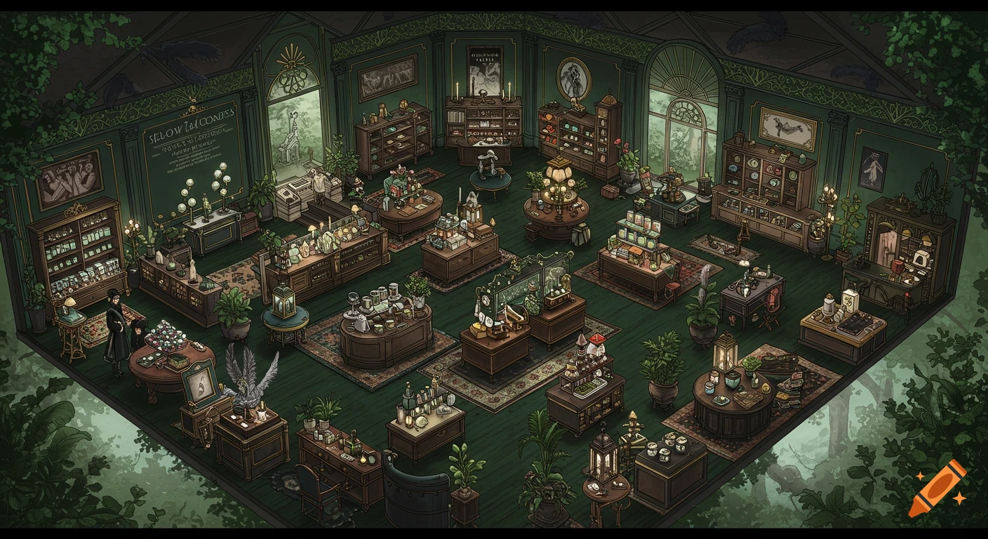 A detailed, isometric illustration of a vintage fantasy shop interior with ornate displays, furniture, and surrounding green foliage.