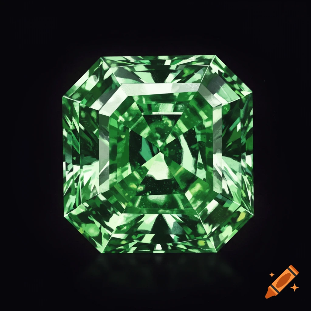 Close-up of a large, faceted green gemstone on a black background.