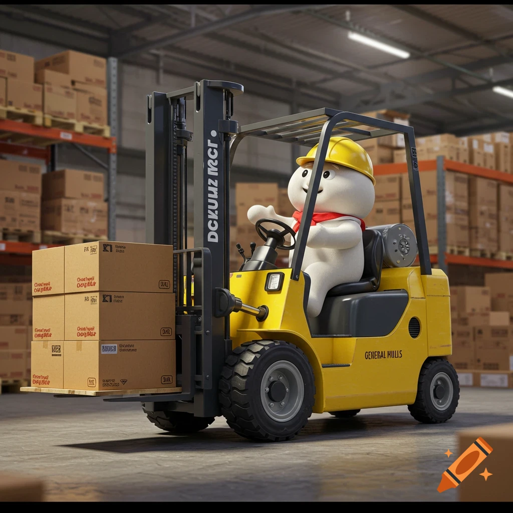 A cartoon dough boy drives a forklift loaded with boxes in a warehouse.