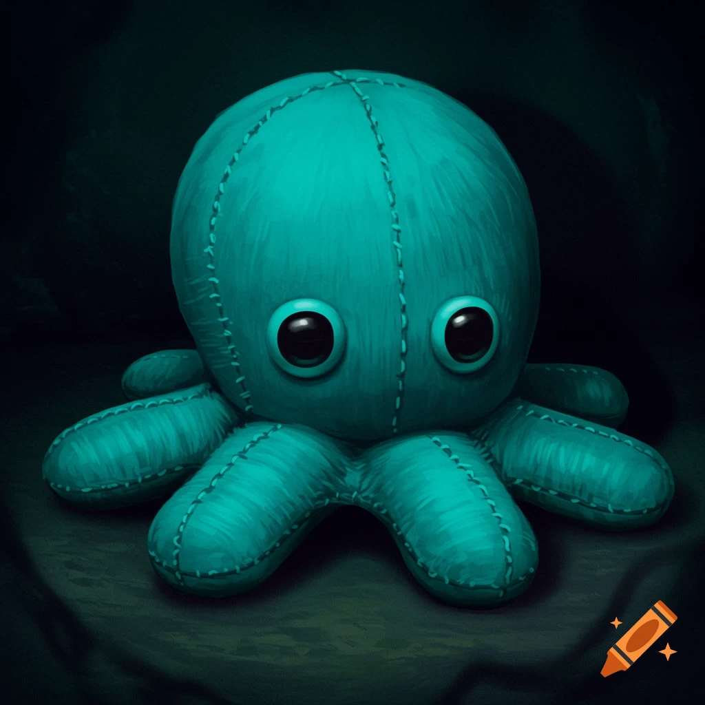 A turquoise plush octopus with large black eyes sits in a dark setting.