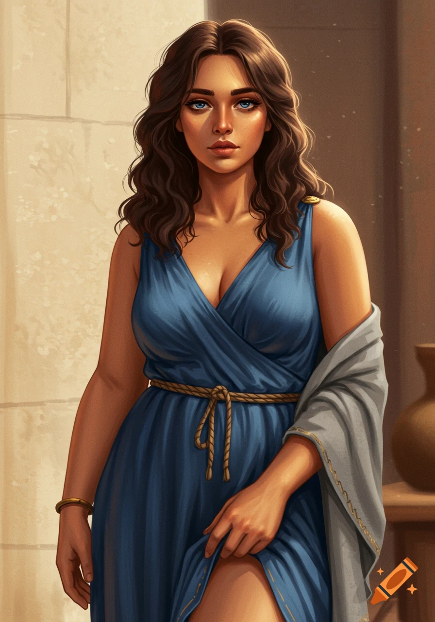 A woman in a blue dress and grey shawl stands by a wall