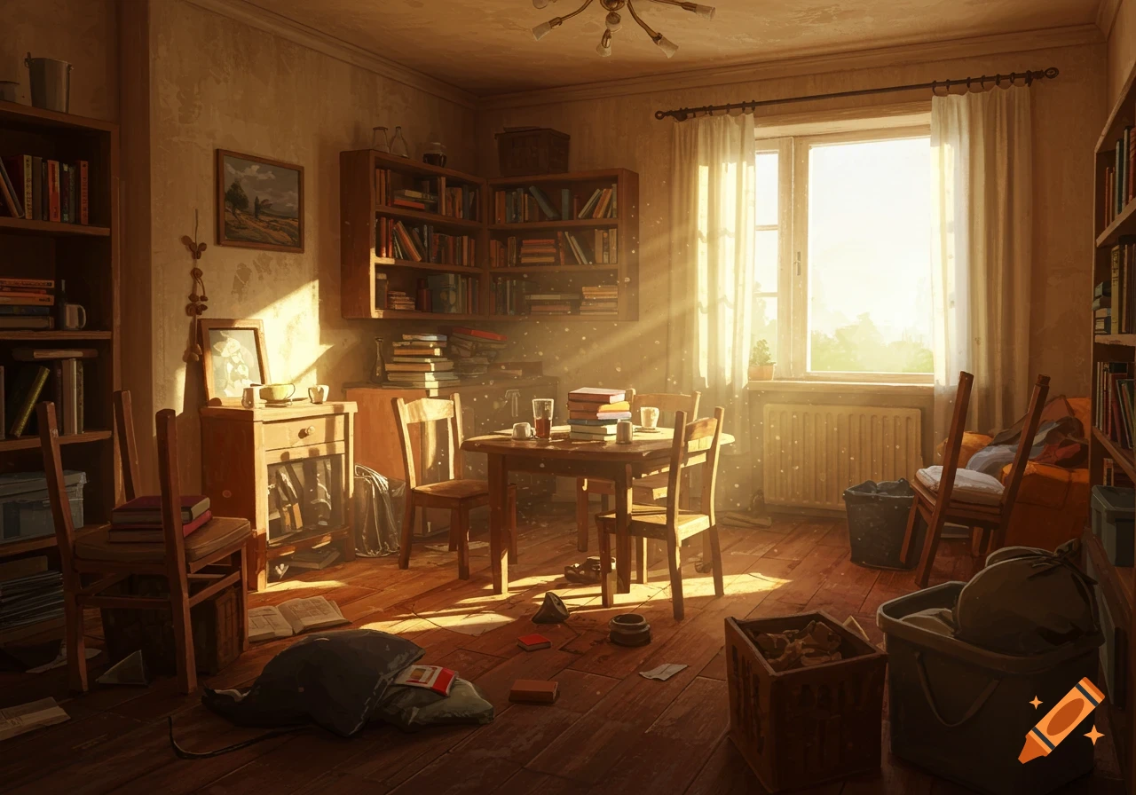 A cluttered, sunlit room with bookshelves, a table with chairs, and scattered books and papers.