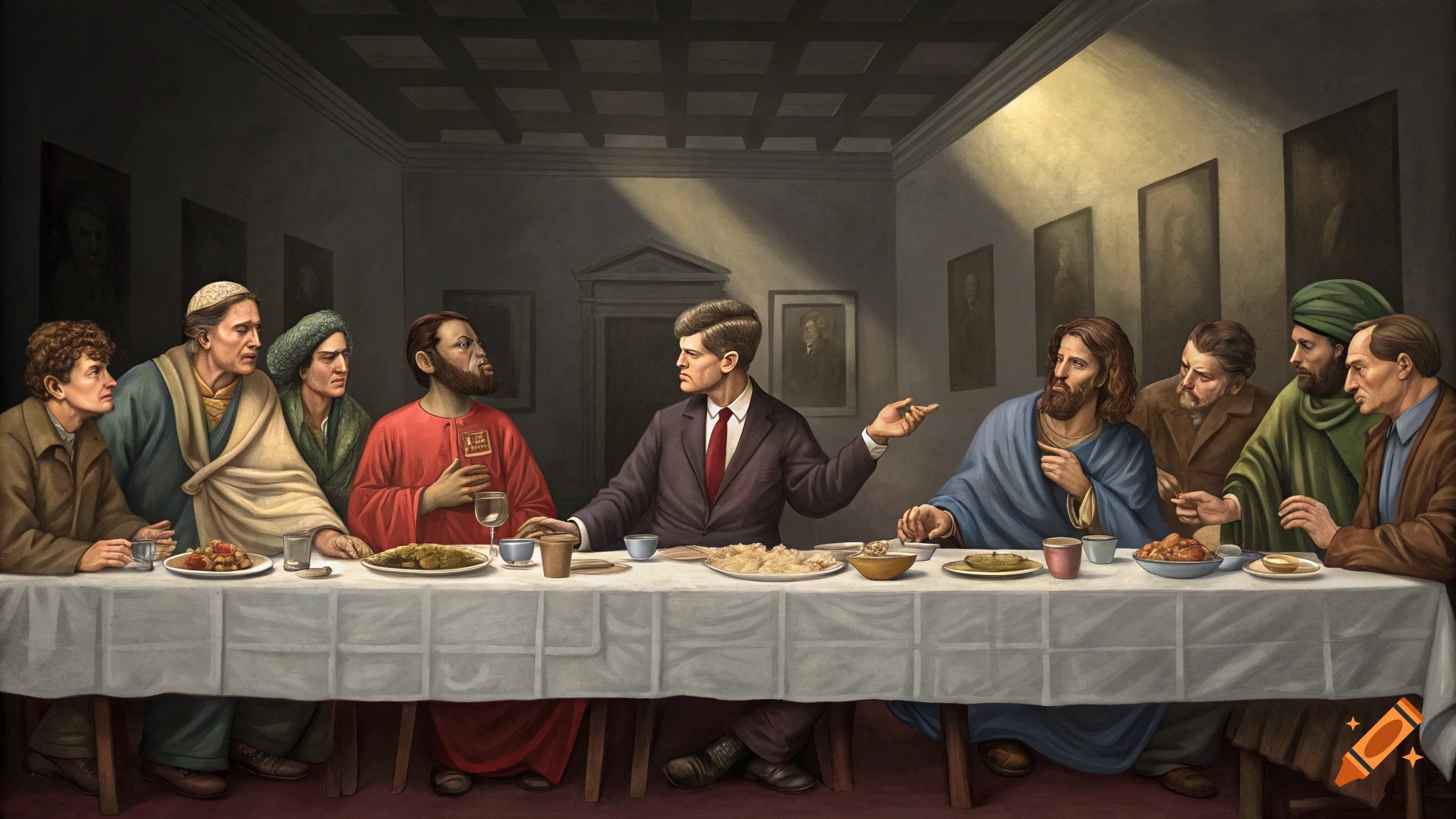 Painting of historical figures including JFK seated at a long table in a scene resembling The Last Supper.