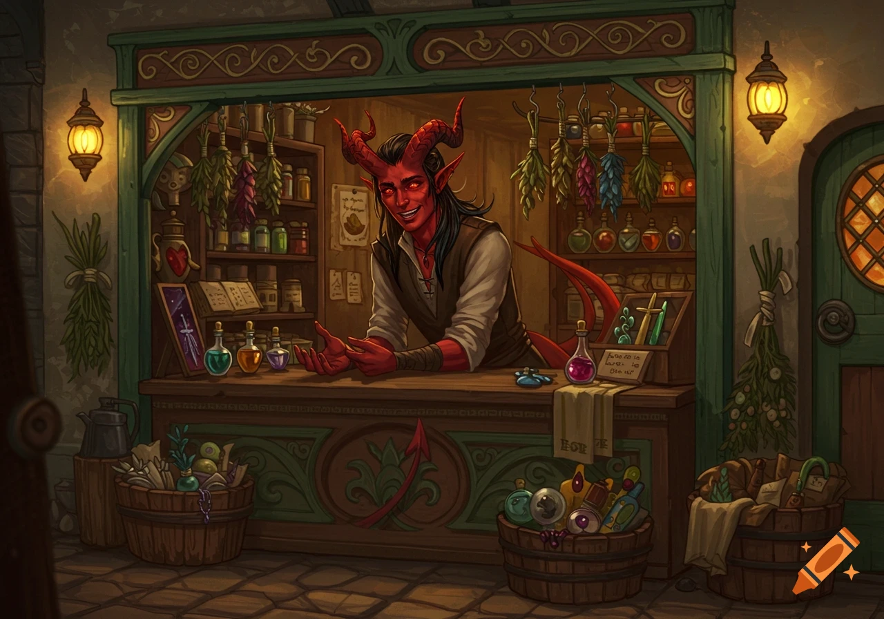 A red-skinned tiefling with horns smiles behind a shop counter filled with potions and herbs.