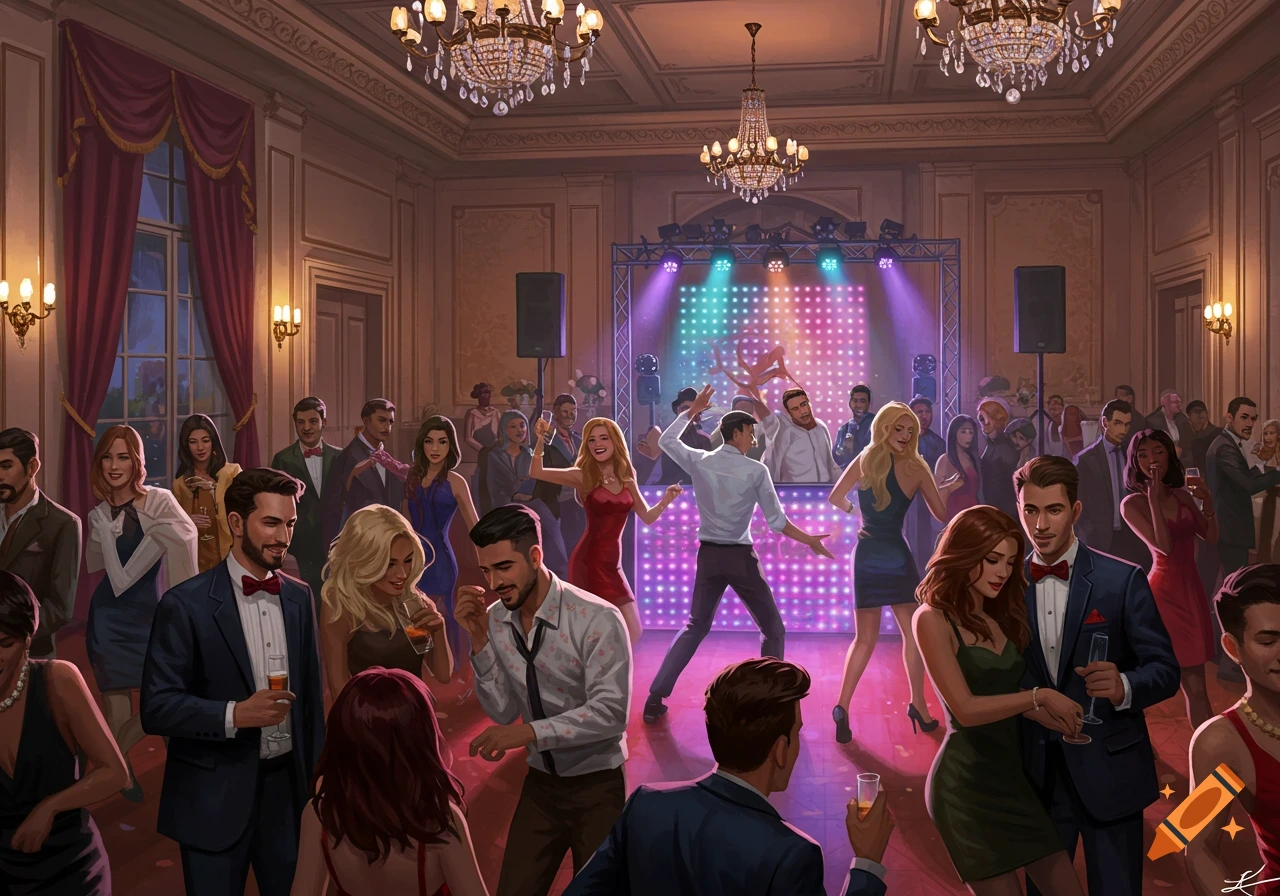 Digital illustration of a formal party in a ballroom with people dancing and socializing.
