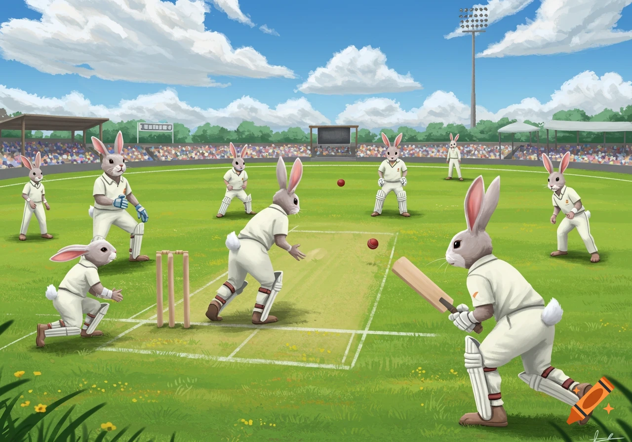 Rabbits playing a cricket match in a stadium