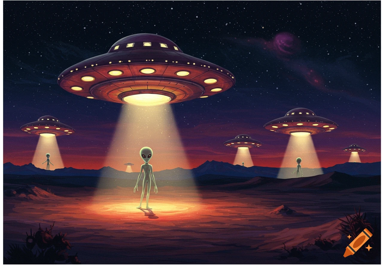 UFOs landing with aliens standing in a desolate landscape at sunset under a starry sky, illustration style.