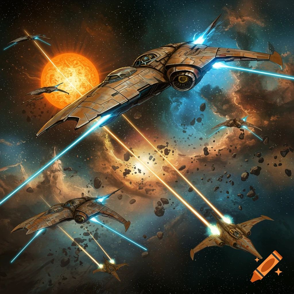 A battle between spaceships firing laser beams in an asteroid field near a bright sun, digital illustration.
