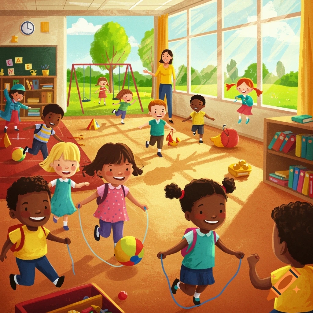 Illustration of diverse kids playing in a colorful classroom and on an outdoor playground.