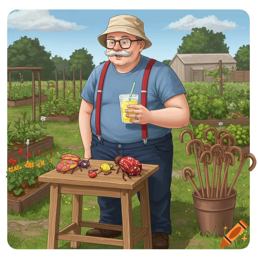 Illustration of a man holding lemonade in a garden with raised beds, displaying patchwork bug crafts on a stool.