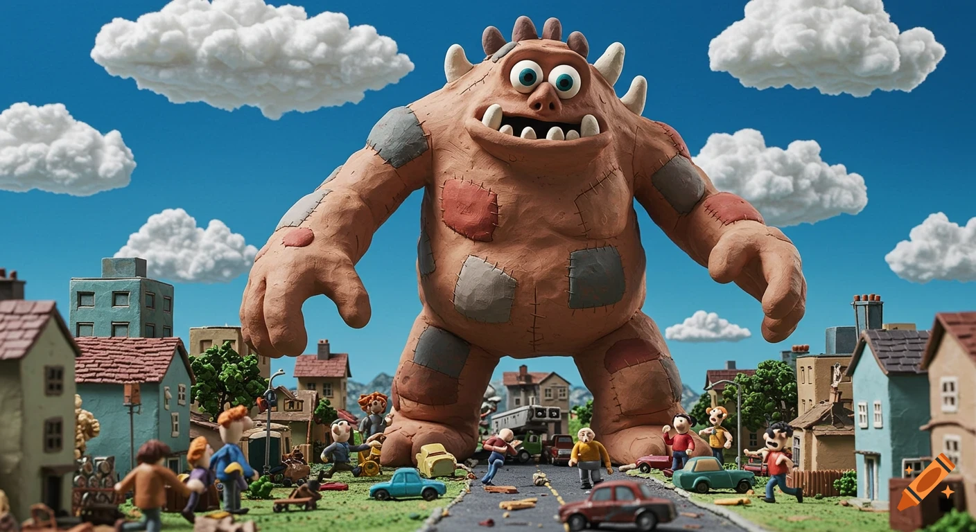 A giant claymation monster stands over a city with tiny people running