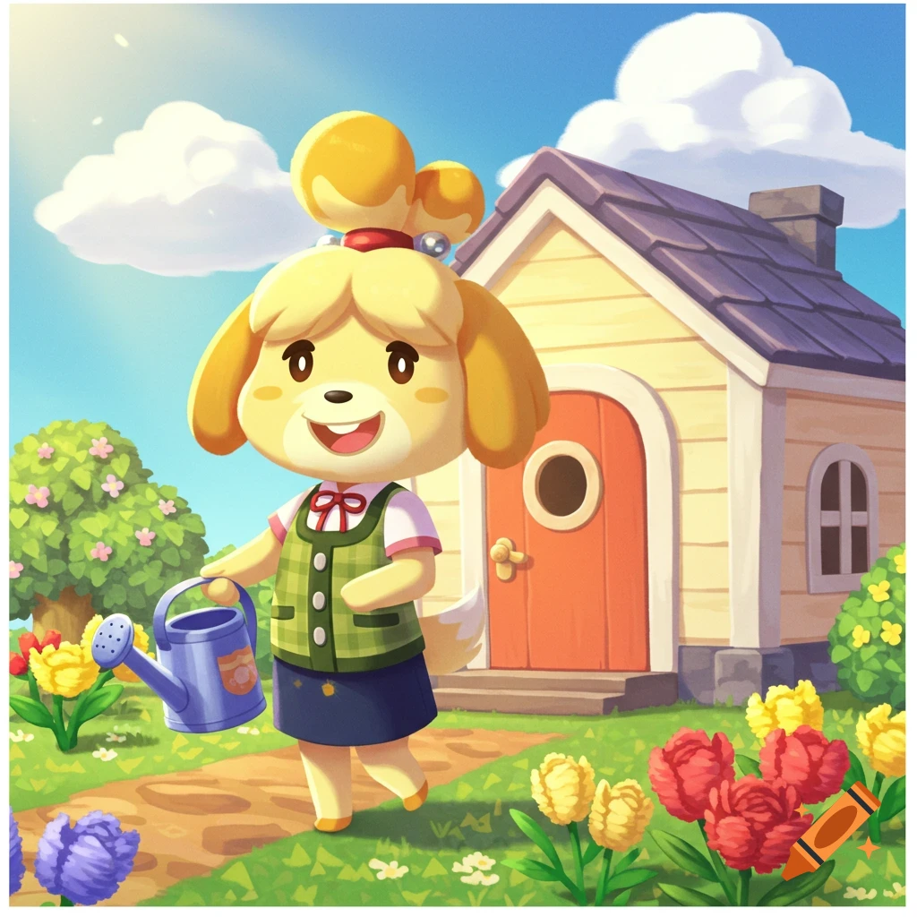 Isabelle from Animal Crossing waters flowers in front of a small house.