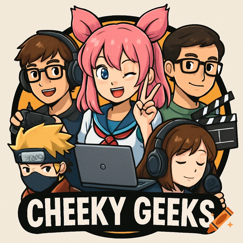 Anime-style logo featuring a group of characters with headphones, a laptop, controller, and clapperboard around the text 'CHEEKY GEEKS'.