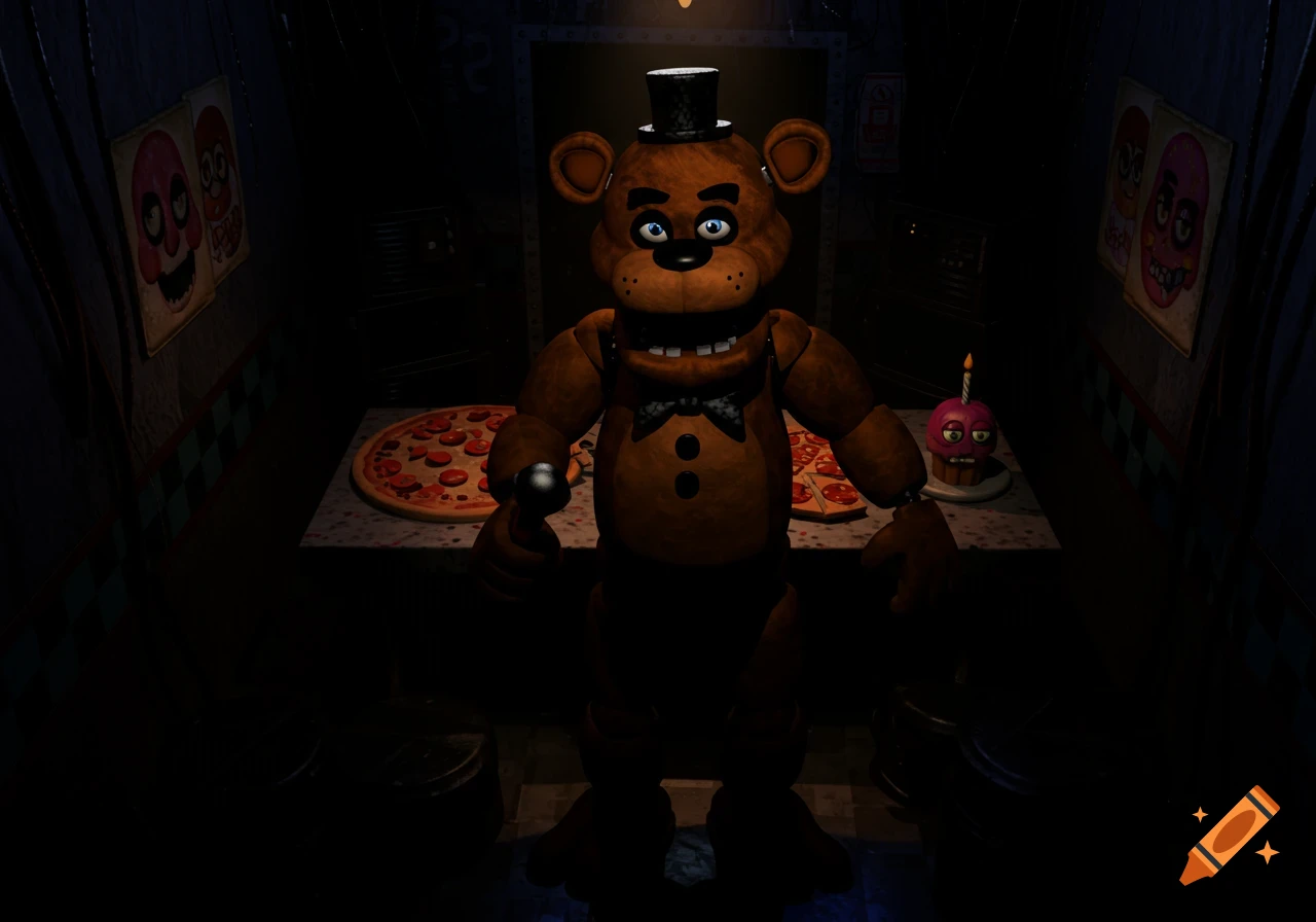Freddy Fazbear stands in a dimly lit pizzeria with pizzas on a table behind him.