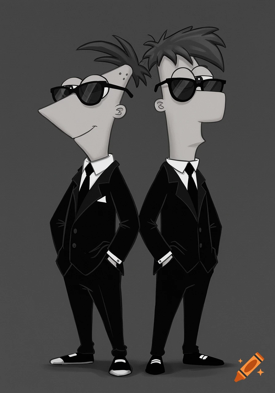 Phineas and Ferb in black suits and sunglasses standing back to back.