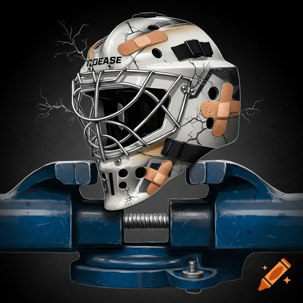 Illustrated hockey goalie mask with cracks and bandages squeezed in a blue vice