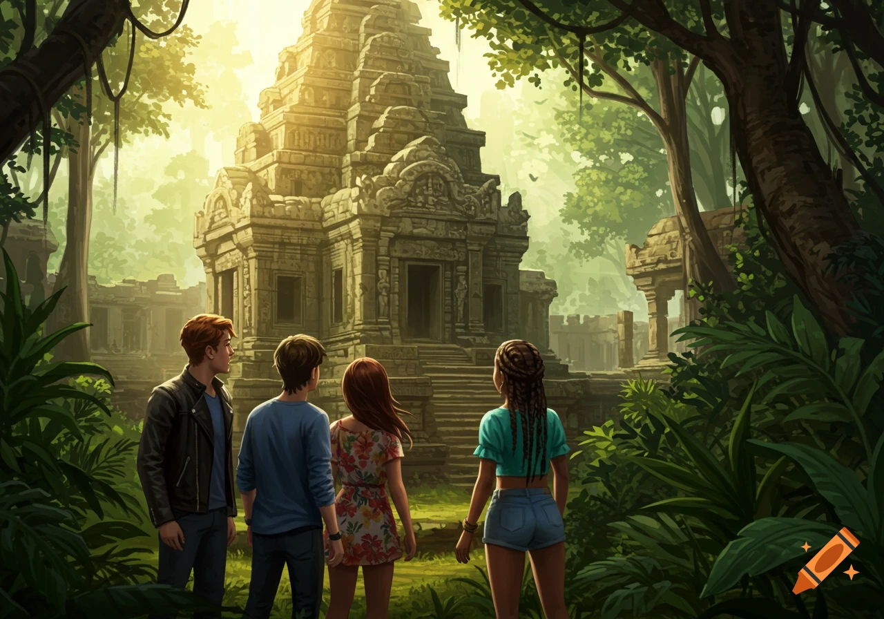 Two men and two women look at an ancient temple in a jungle.