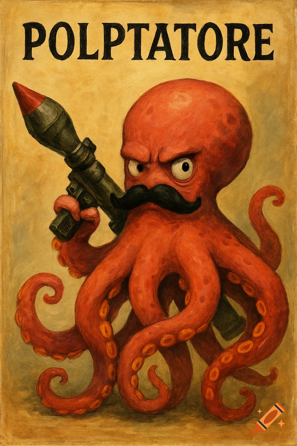 Cartoon illustration of an angry octopus with a mustache holding a rocket launcher, with the name POLPTATORE at the top.