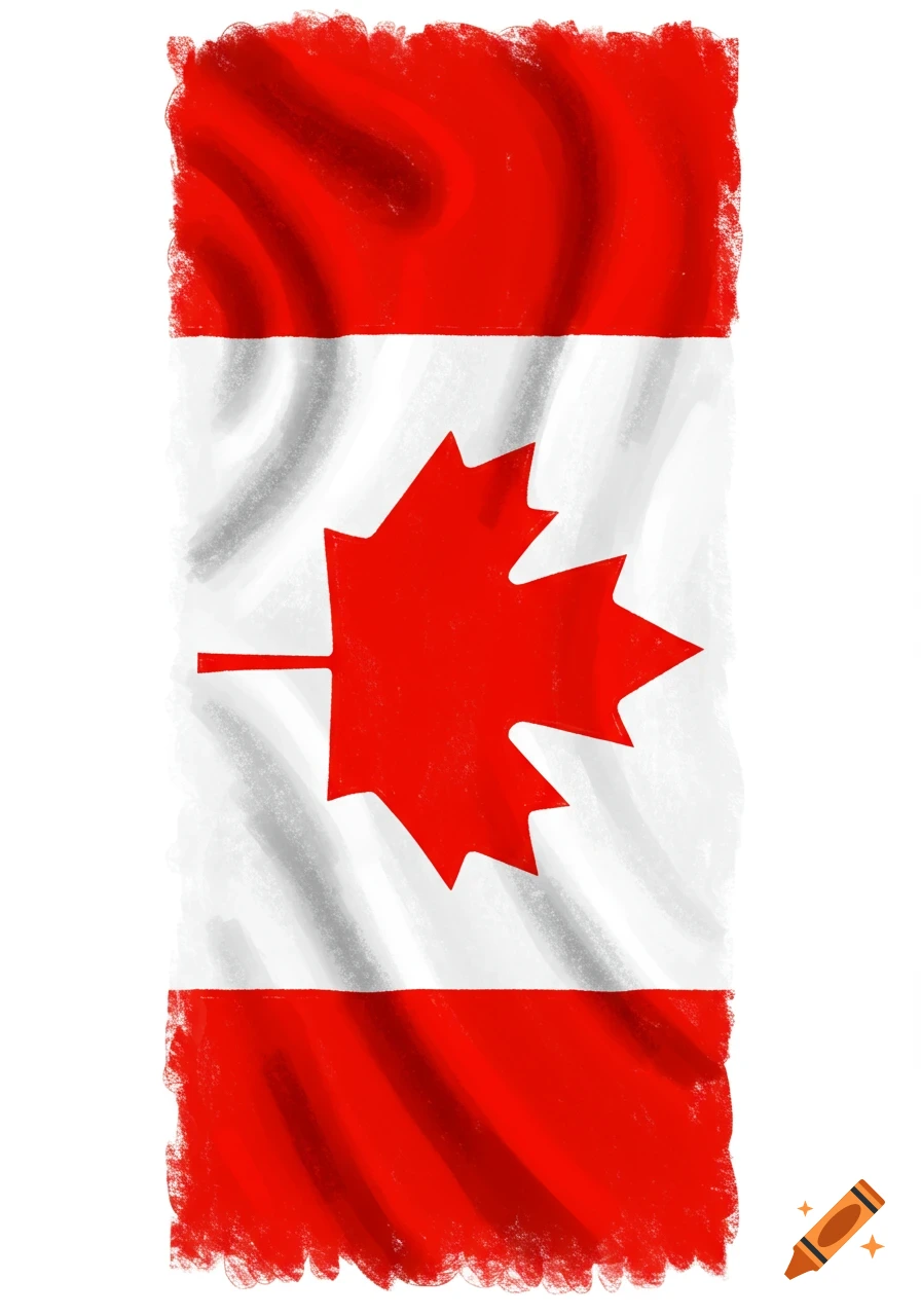 A painterly depiction of the Canadian flag in a vertical orientation on a white background.