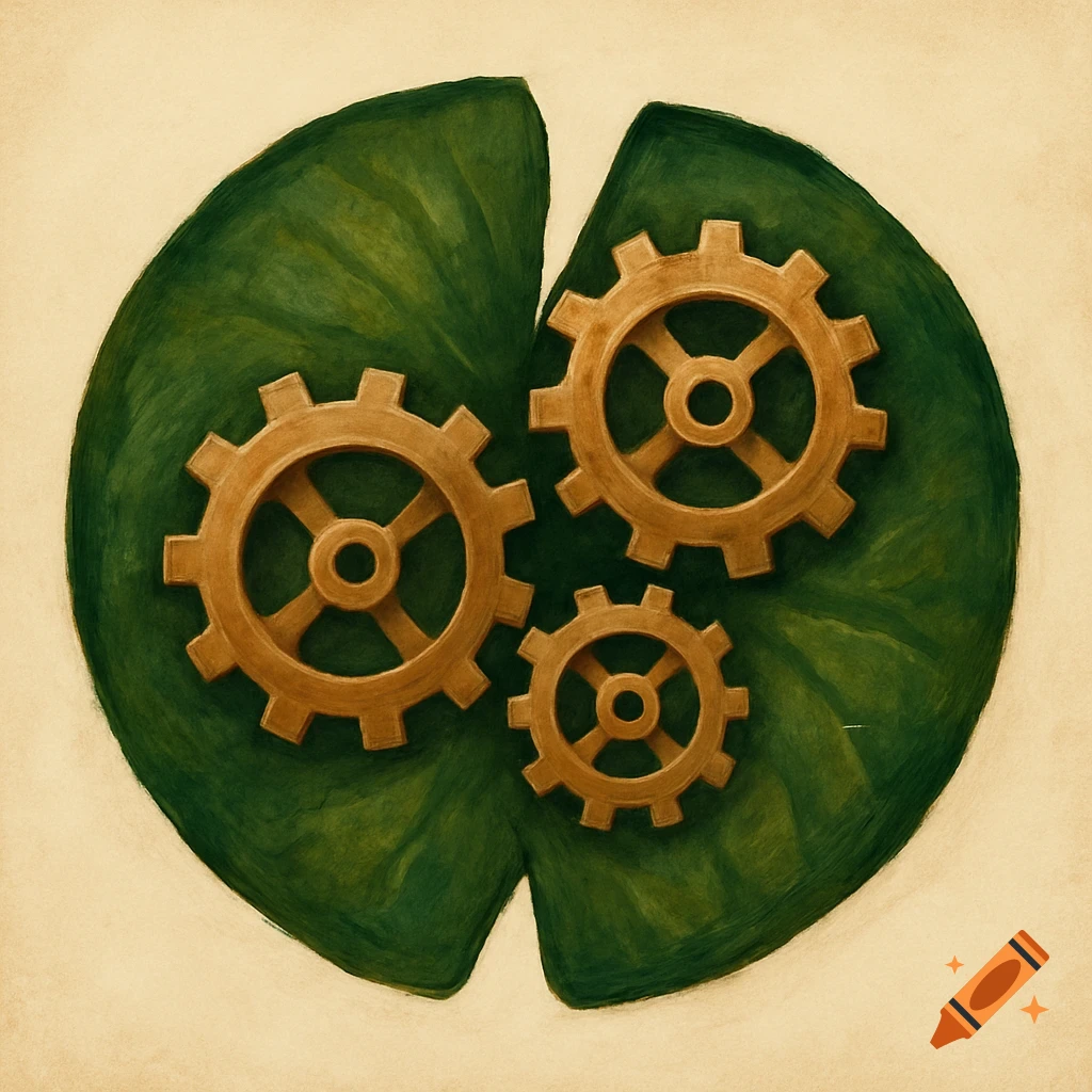 Three golden gears sit on a large green lily pad in an illustrative style.