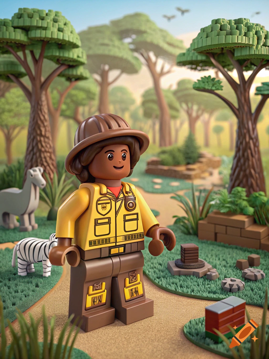 A Lego safari guide stands in a jungle scene with Lego animals in the background.