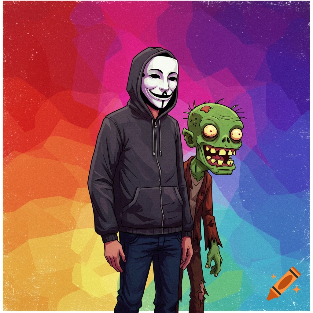 Cartoon illustration of a person in an Anonymous mask standing next to a zombie against a colorful background.