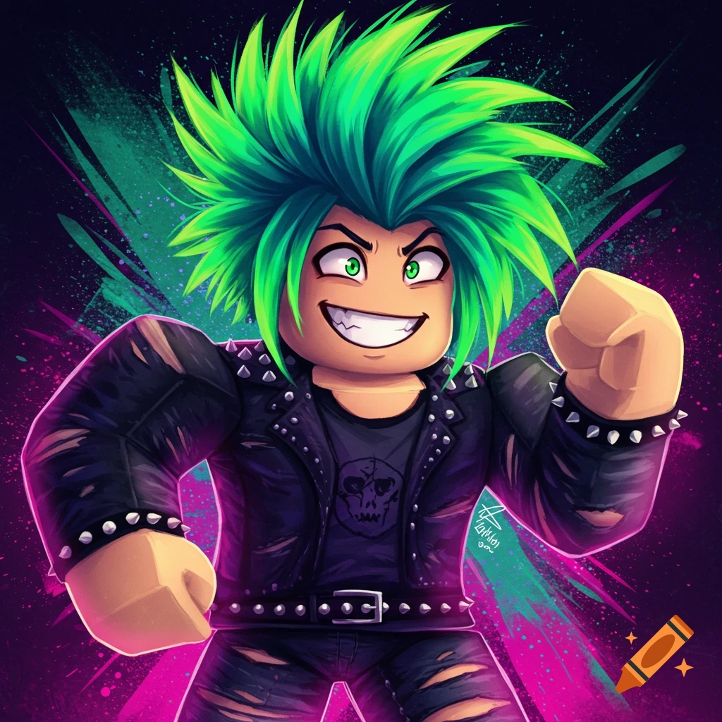 Stylized portrait of a Roblox-like character with bright green spiky hair, black studded leather jacket, and torn pants, smiling and posing.