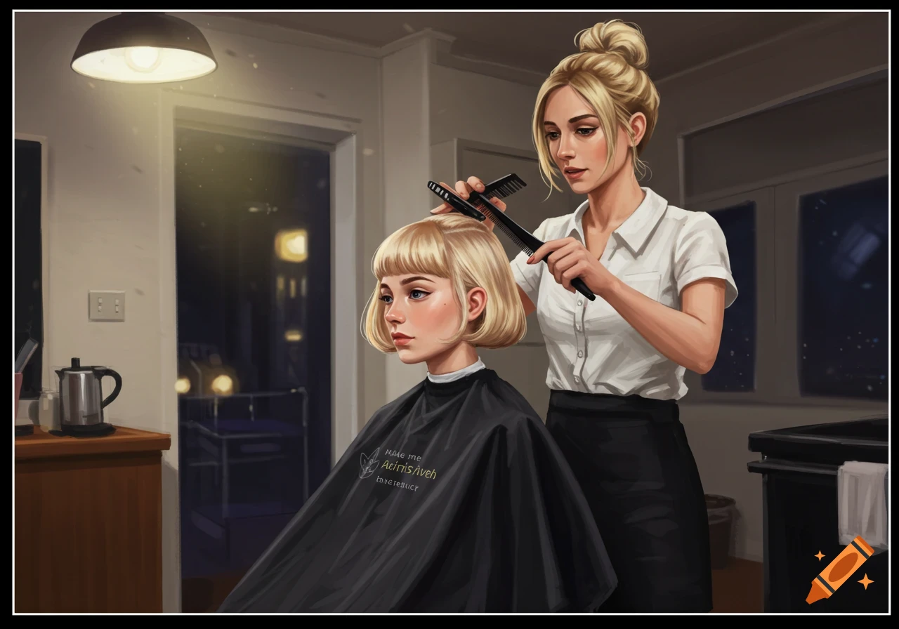 An illustration of a hairdresser giving a woman a bob haircut in an indoor setting.