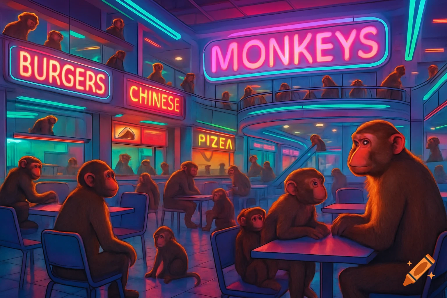 Monkeys dining in a neon-lit mall food court.