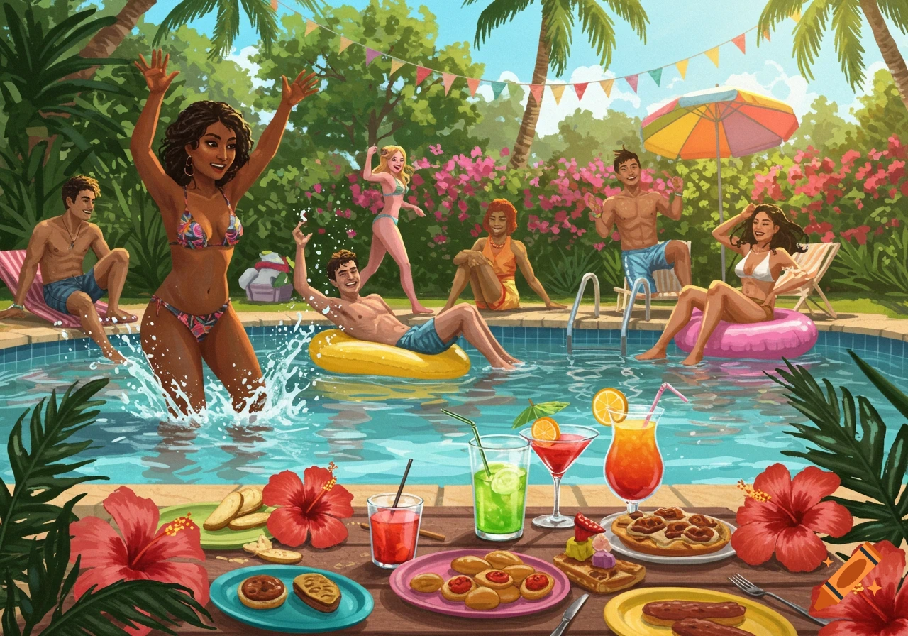 An illustration of people enjoying a pool party with food and drinks.