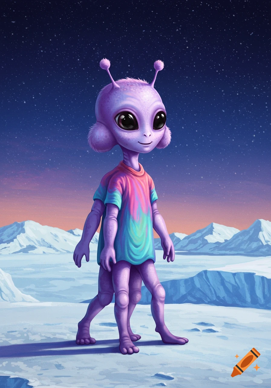 A purple alien wearing a colorful shirt walks on an icy landscape under a starry sky