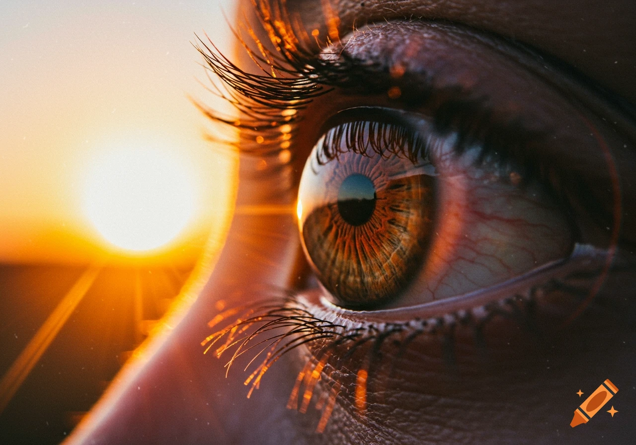 Close-up of a human eye reflecting a bright orange sunset.