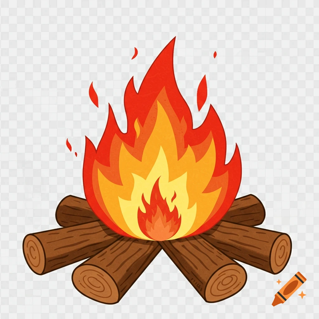 Illustration of a campfire made of logs and flames with a craft paper texture, on a transparent background.