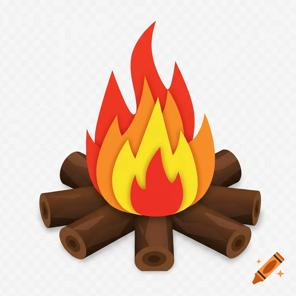 An isometric illustration of a campfire made of red, orange, and yellow construction paper flames and brown logs.