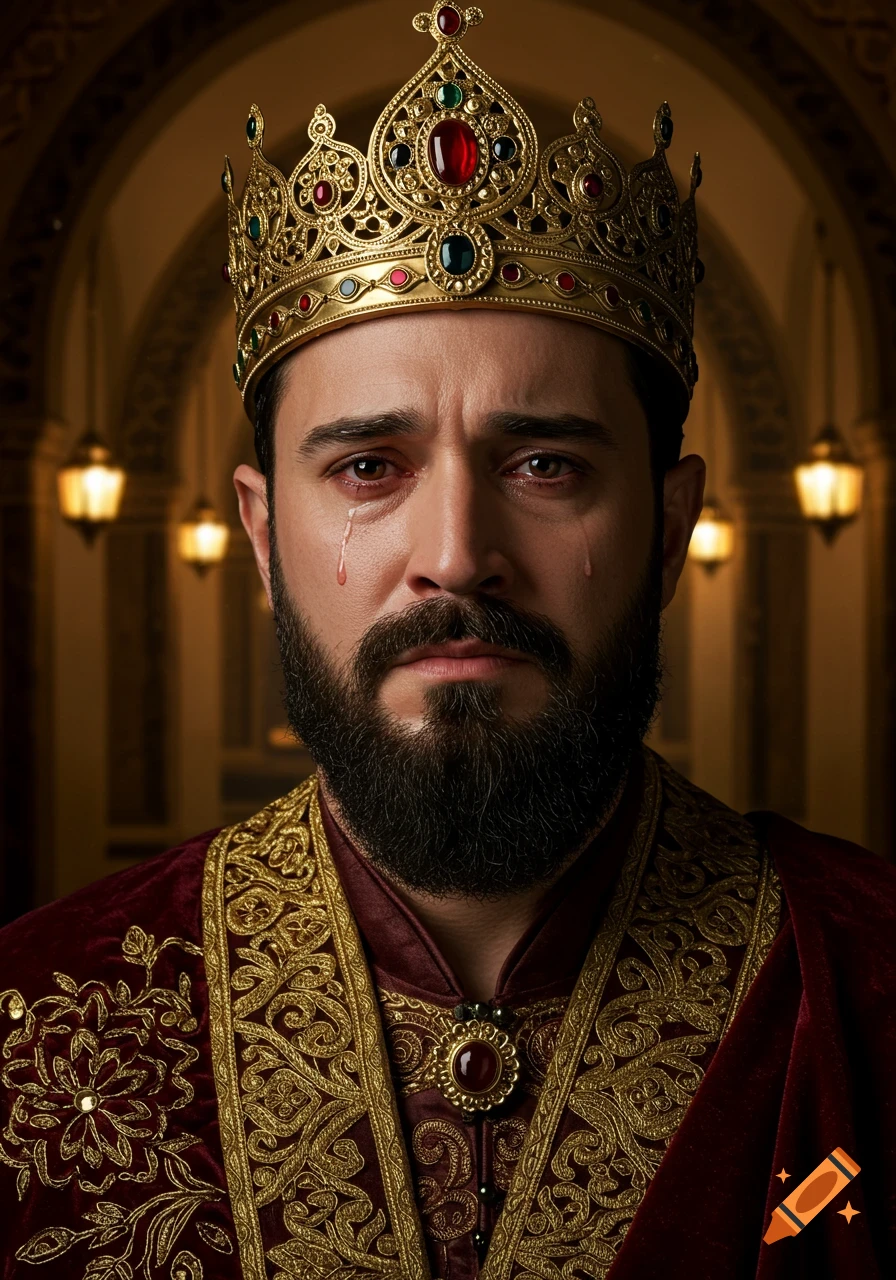Portrait of a crying king in a golden crown and red velvet robes.