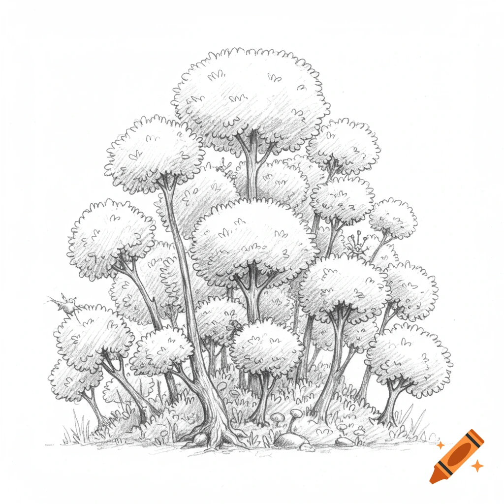 A detailed pencil sketch drawing of many small trees with round canopies.