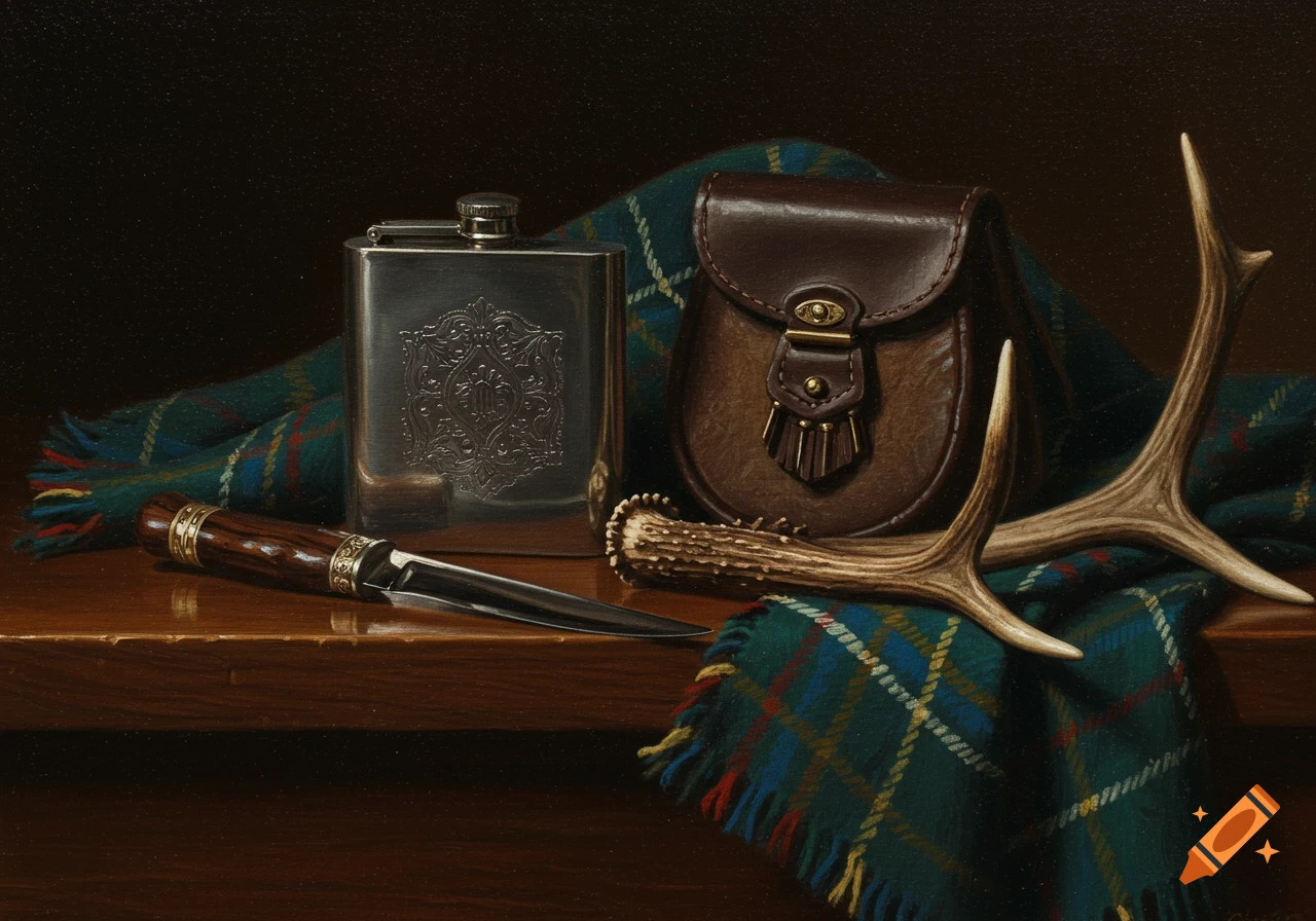 Still life painting of a flask, sporran, knife, antler, and tartan fabric