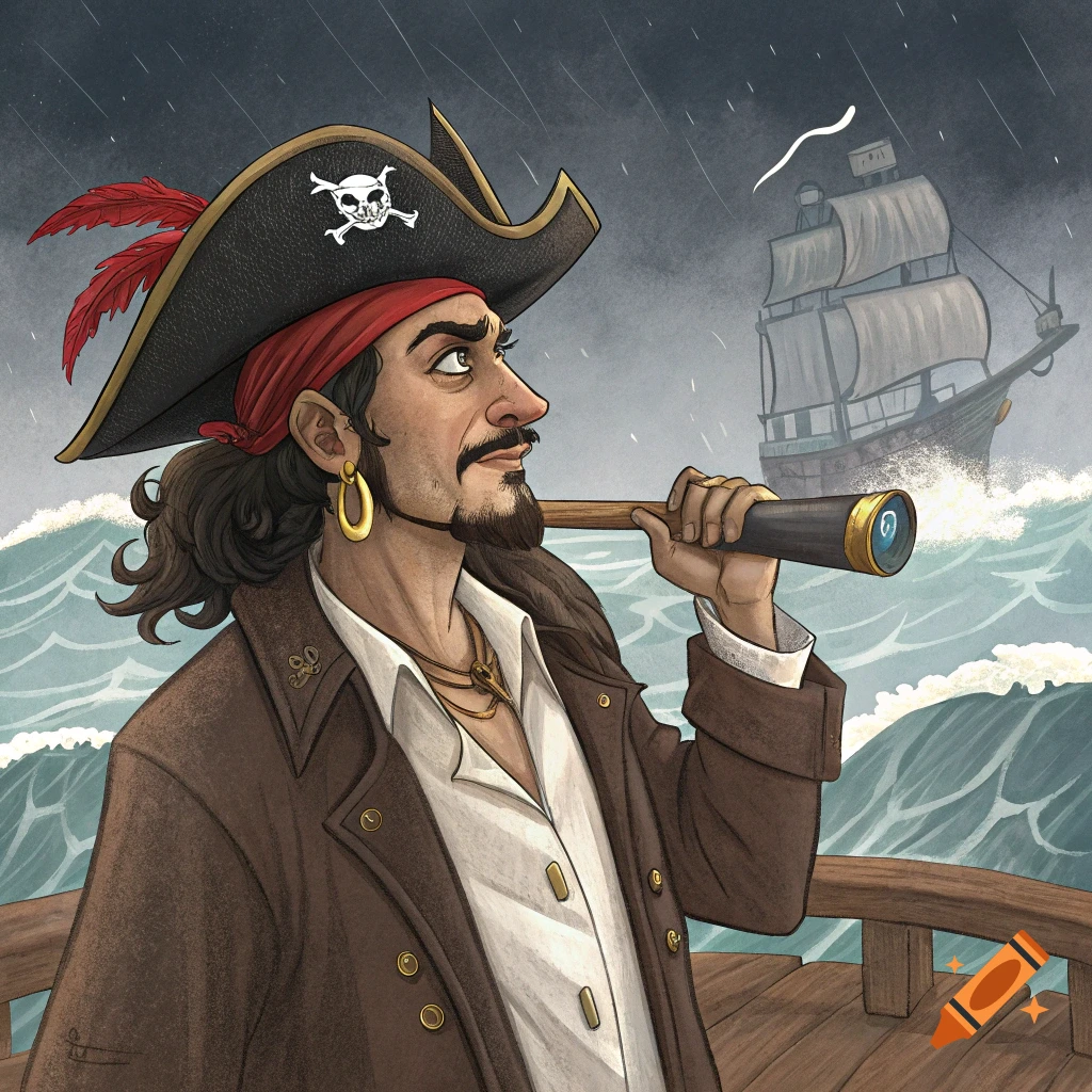 Illustration of a pirate on a ship looking through a spyglass during a storm.