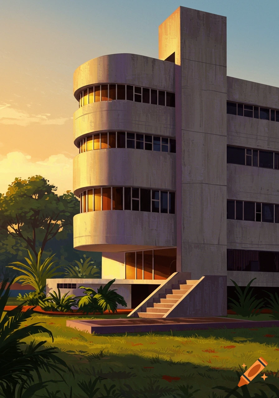 Illustrated concrete building with curved balconies and horizontal windows at sunset, surrounded by plants and grass.