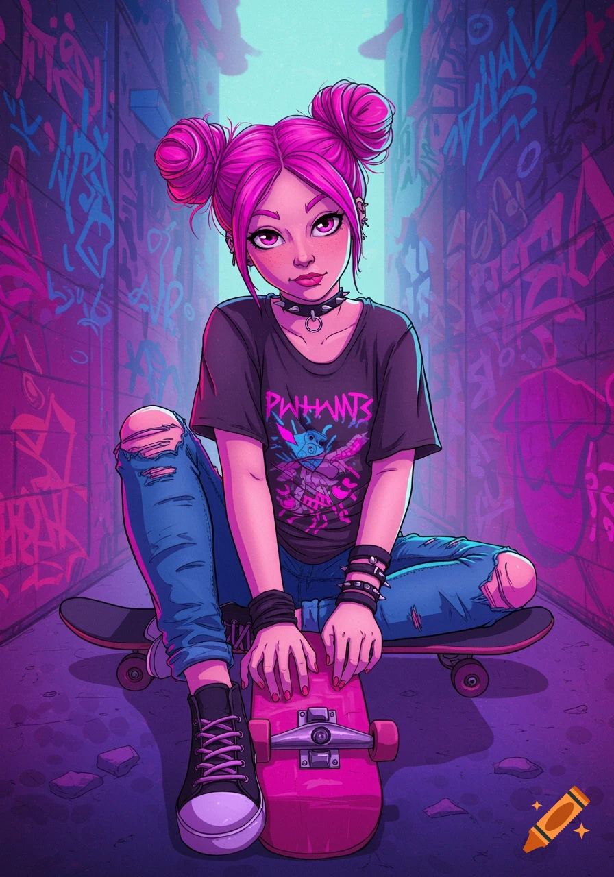 Illustration of a girl with pink hair and punk style sitting on a skateboard in a graffiti alley.