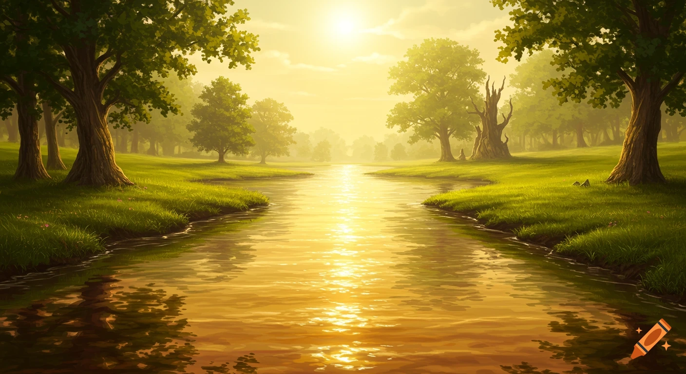 A golden river flows through a lush green landscape with trees under a bright, hazy sun.
