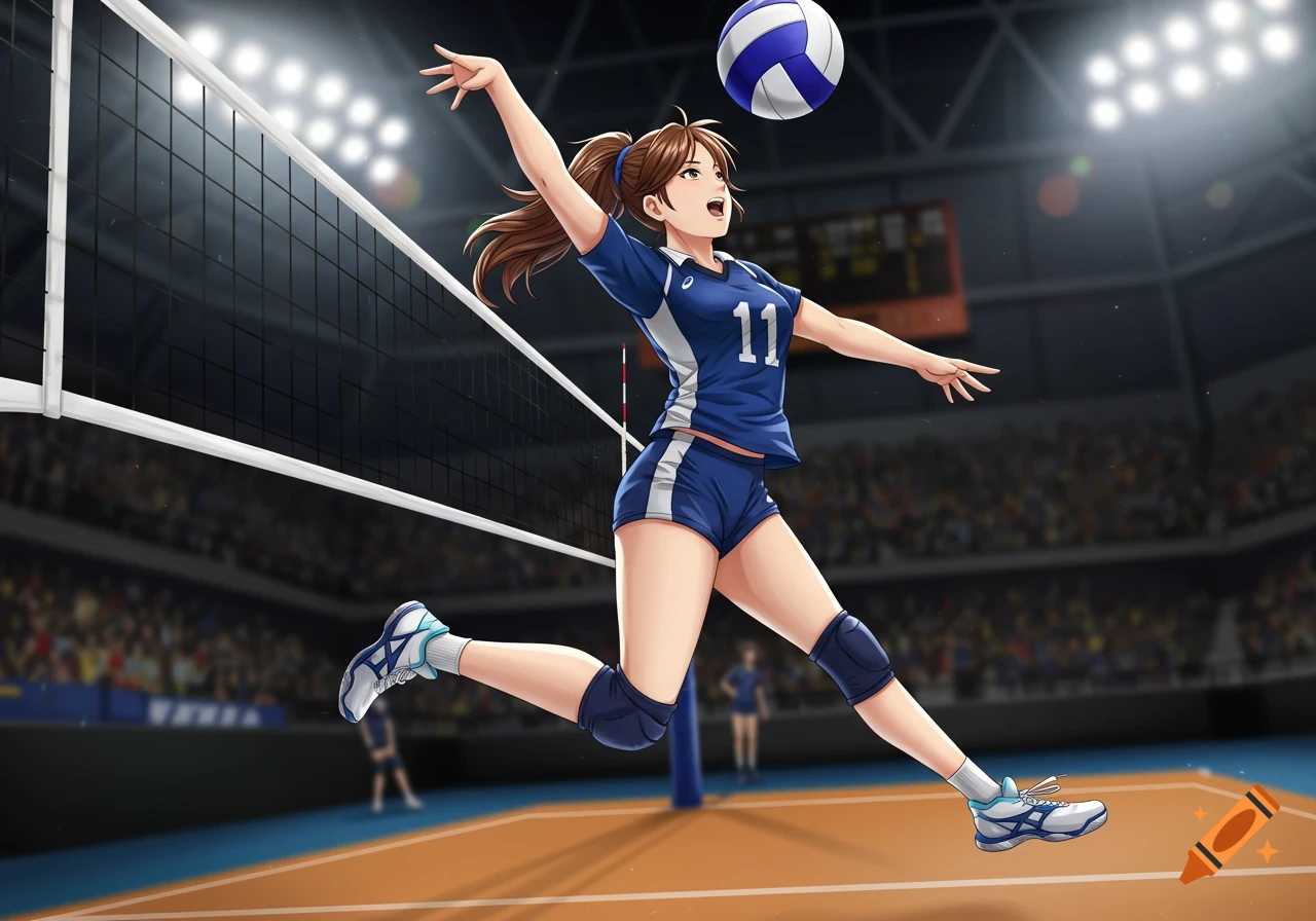 Anime style illustration of a young female volleyball player jumping to spike the ball in an indoor stadium.