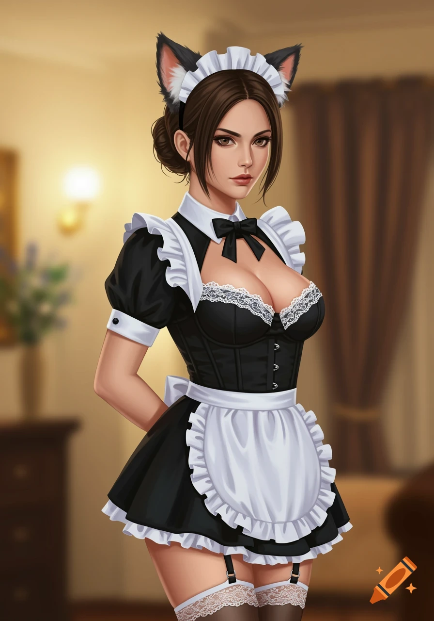 Illustration of a woman in a maid costume with cat ears.