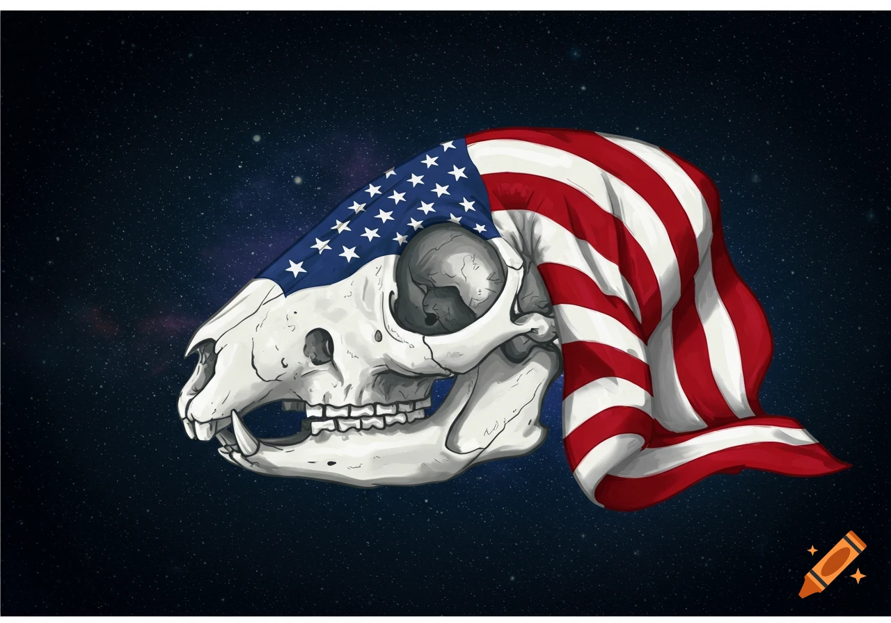 Stylized illustration of a white skull wearing an American flag in space