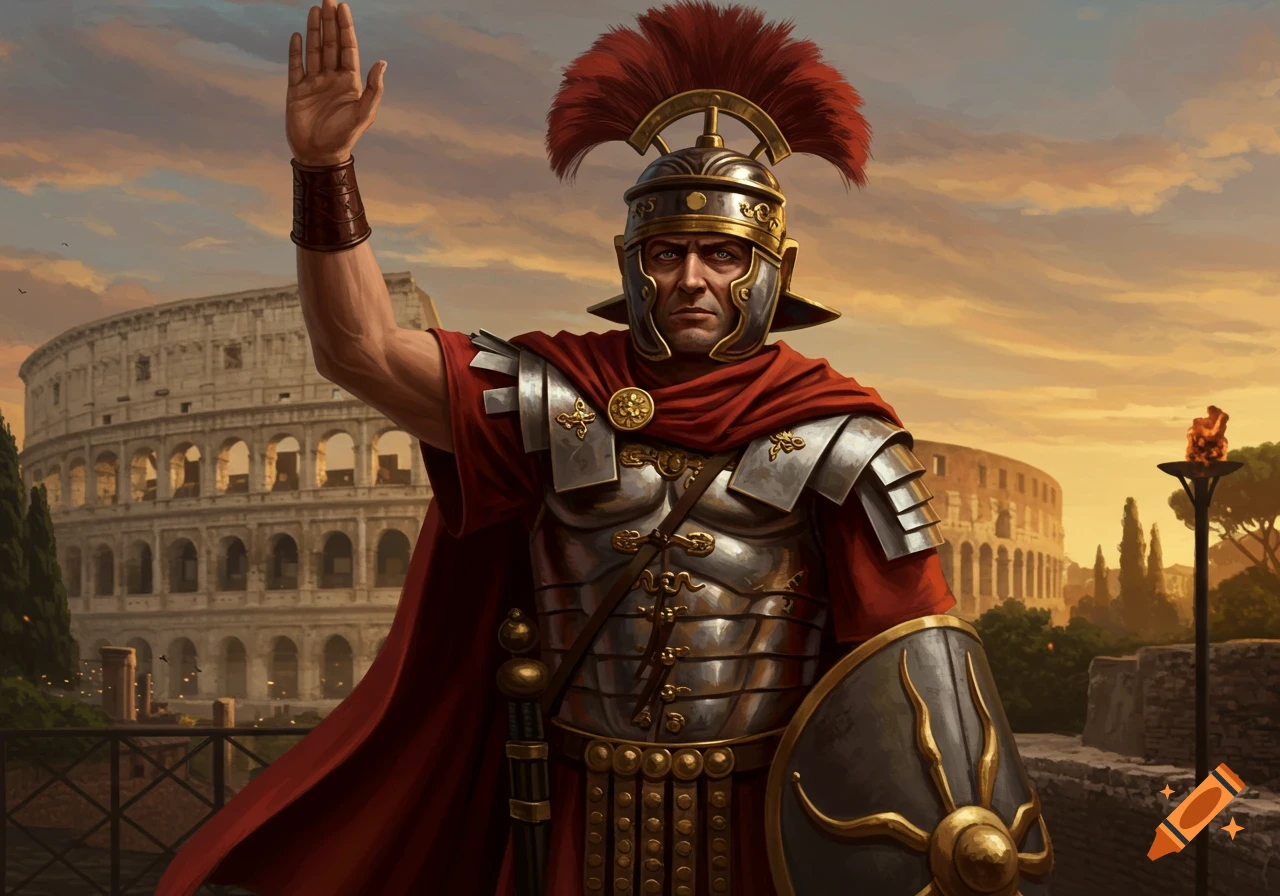 Roman soldier in armor saluting before the Colosseum at sunset
