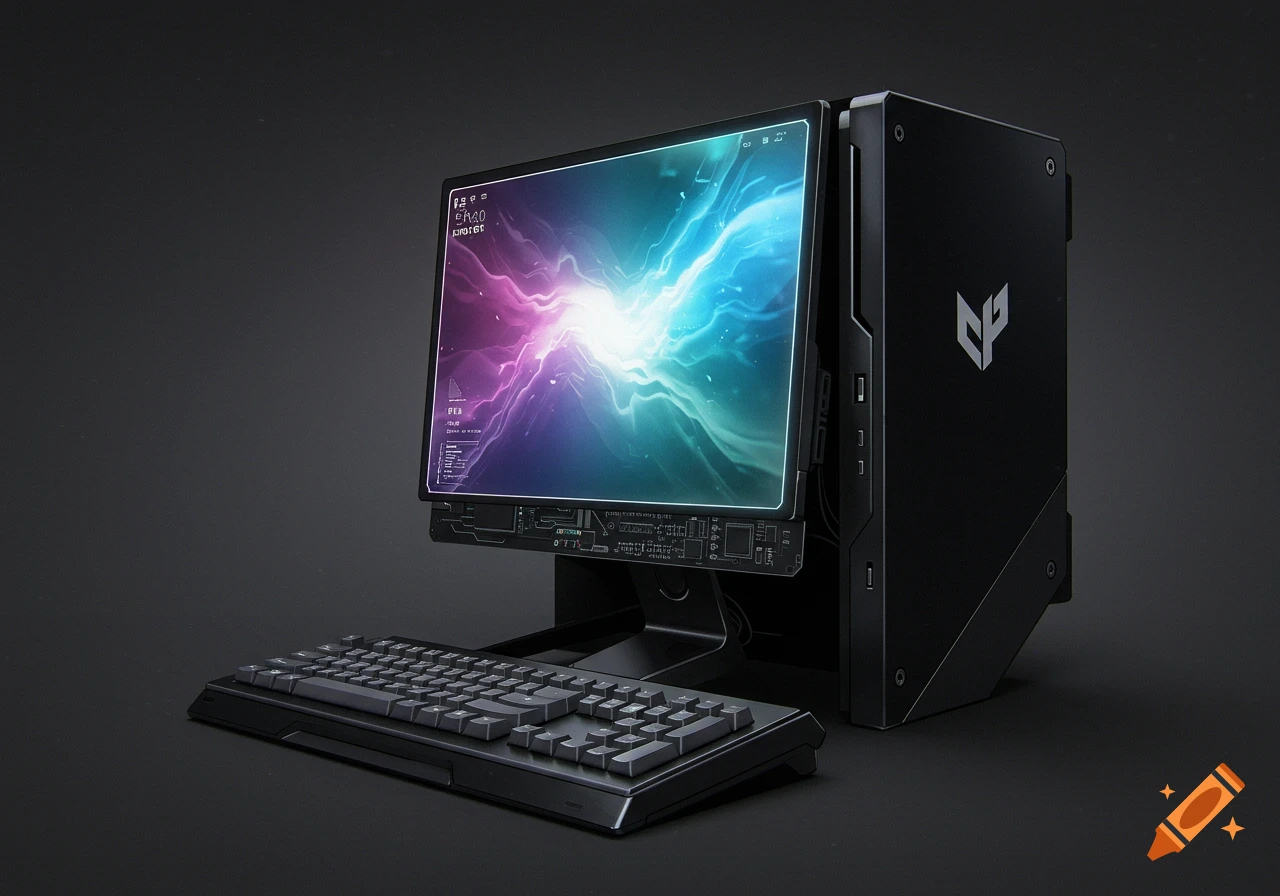 Black computer tower, monitor with vibrant abstract wallpaper, and keyboard on a dark background.