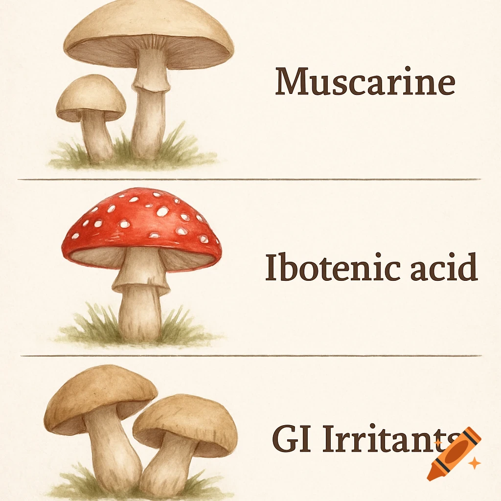 Watercolor illustration of three sets of mushrooms labeled Muscarine, Ibotenic acid, and GI Irritants.