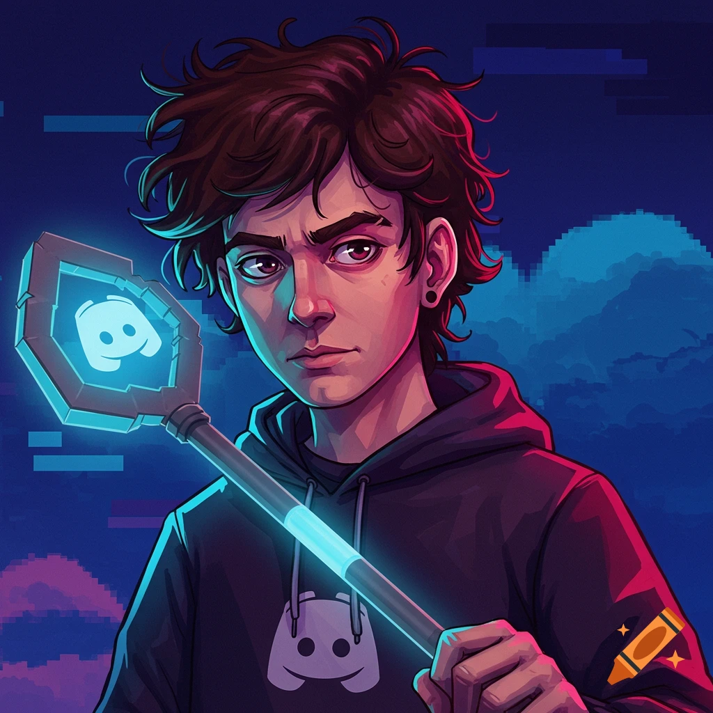 Stylized portrait of young man holding glowing Discord staff, wearing Discord hoodie, against pixelated background.